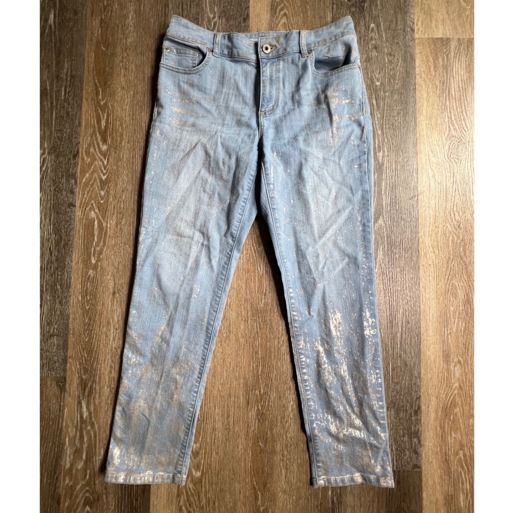 Chico's Platinum Denim Jeans Womens 1 Blue Silver Metallic Foil Slim Leg Pants